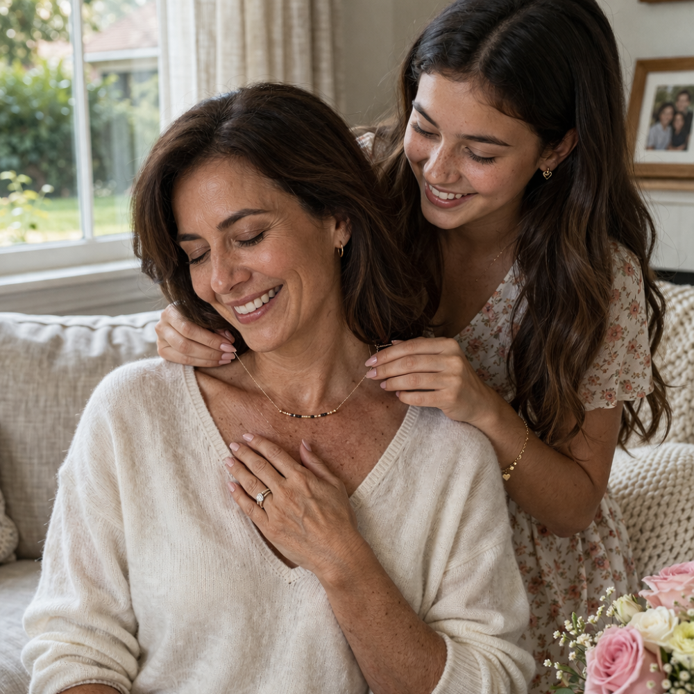 A smiling daughter puts a necklace on her mother, who is sitting on a couch.