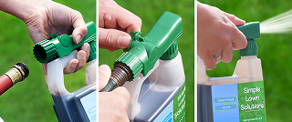 Three-step process of attaching and using a lawn care spray bottle.