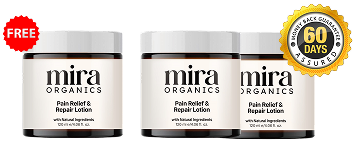 Three jars of Mira Organics lotion with a 'Free' badge and a 60-day guarantee seal.