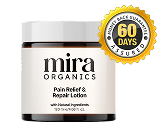 A jar of Mira Organics Pain Relief & Repair Lotion against a plain background.