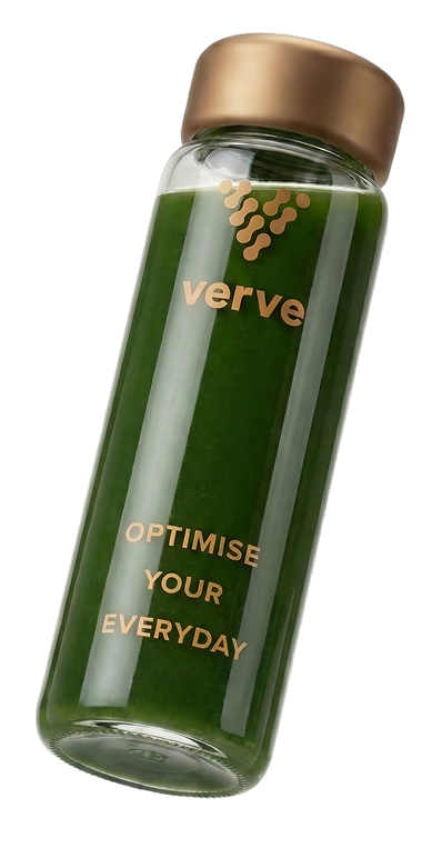 A glass bottle of Verve green juice with a gold cap, tilted against a white background.