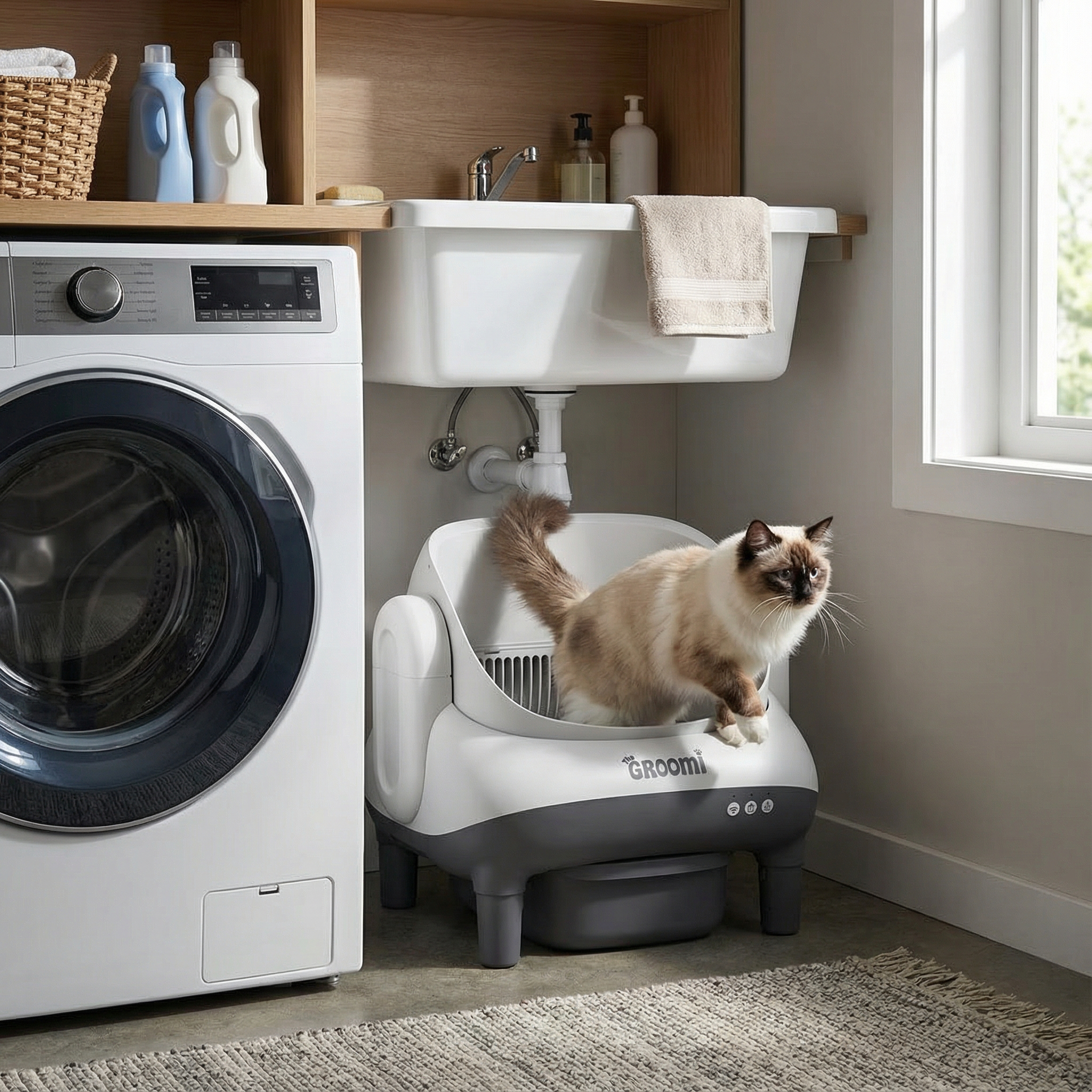 A fluffy cat stands in a modern, automatic litter box in a laundry room next to a washing machine.