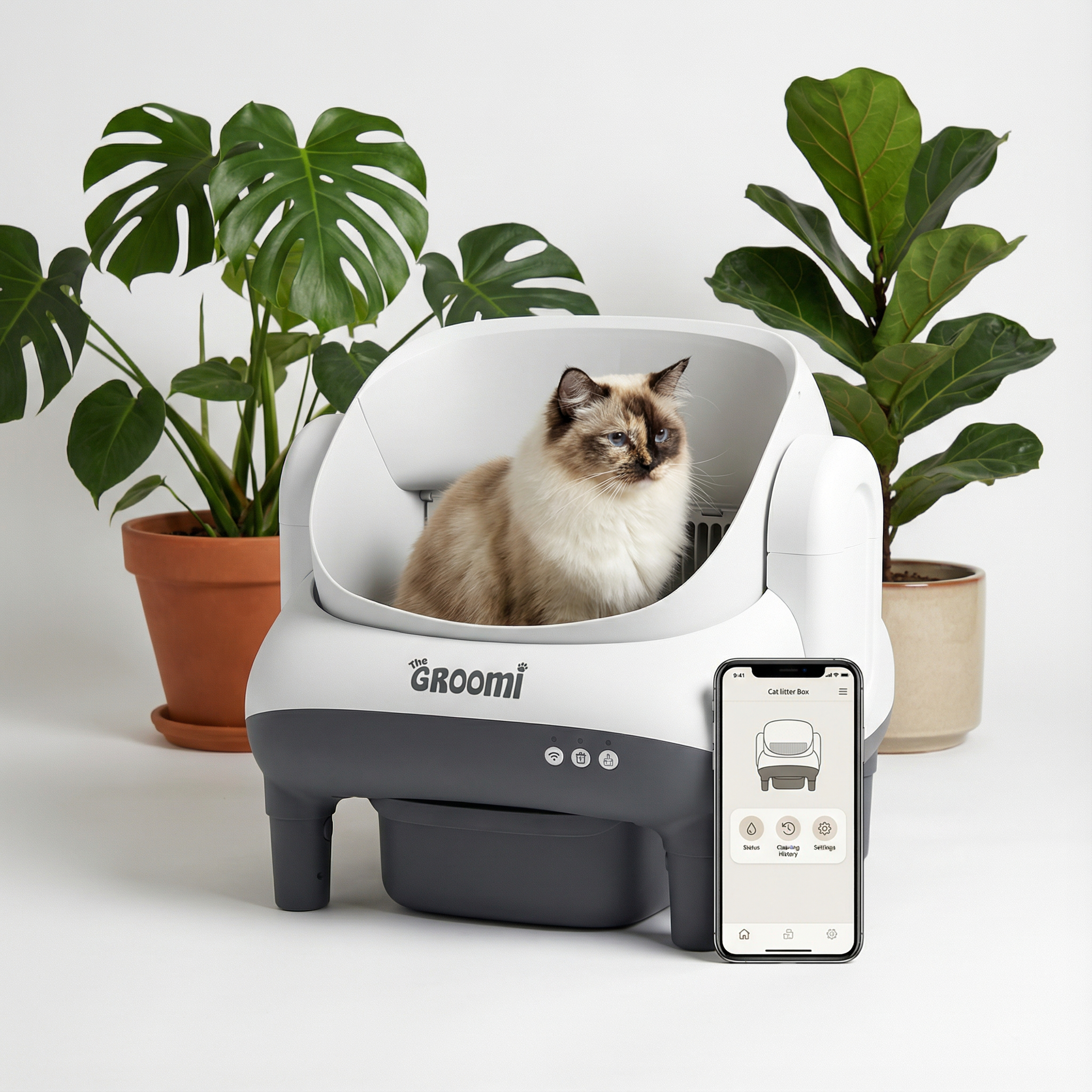 A cat sits in a smart litter box next to a smartphone displaying the control app and houseplants.