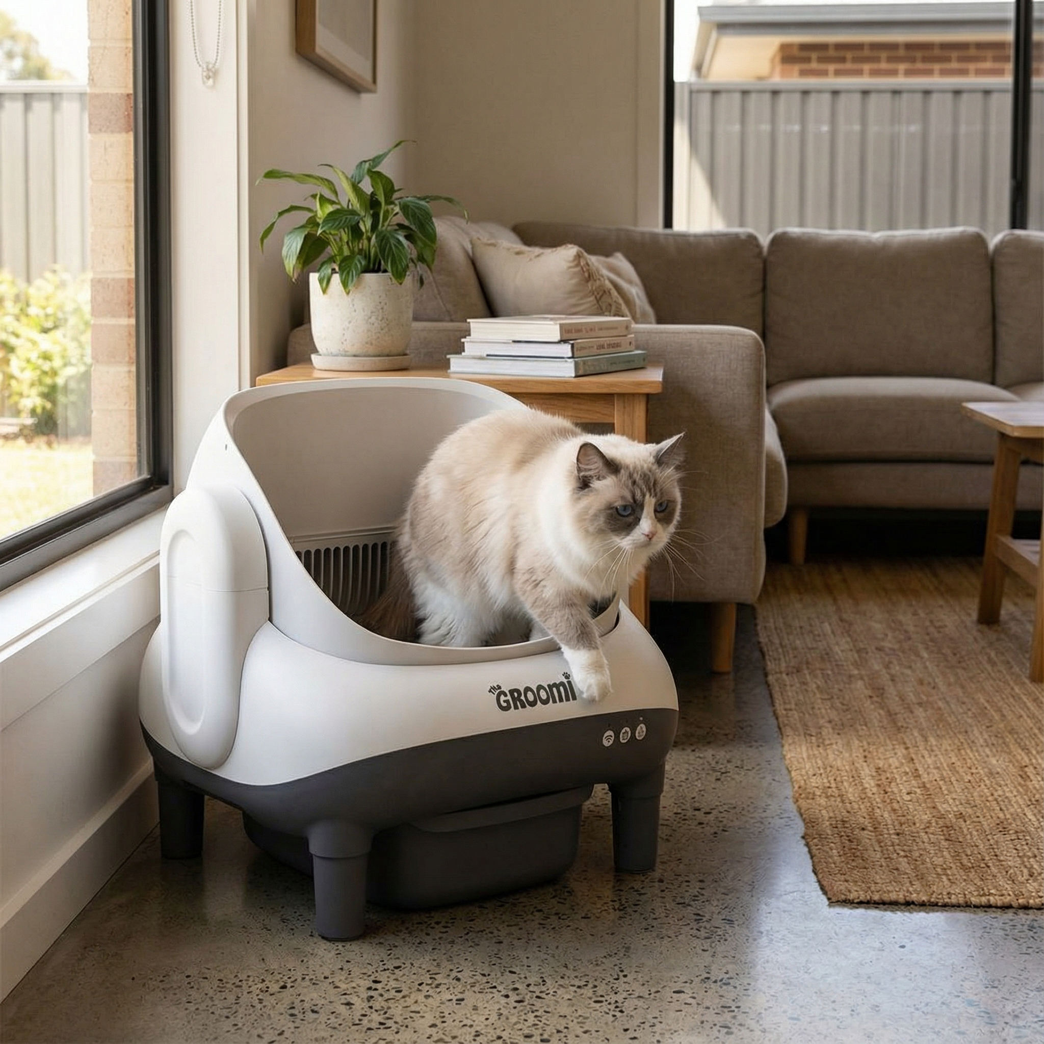A fluffy cat with blue eyes steps out of a modern, two-toned automatic litter box in a living room.