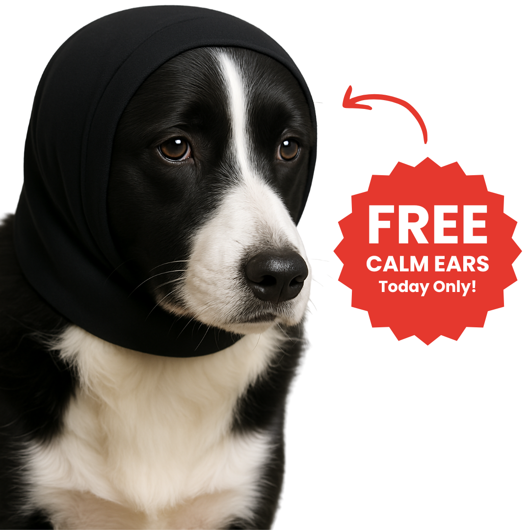 Dog wearing a black hood with a 'Free Calm Ears Today Only!' badge.