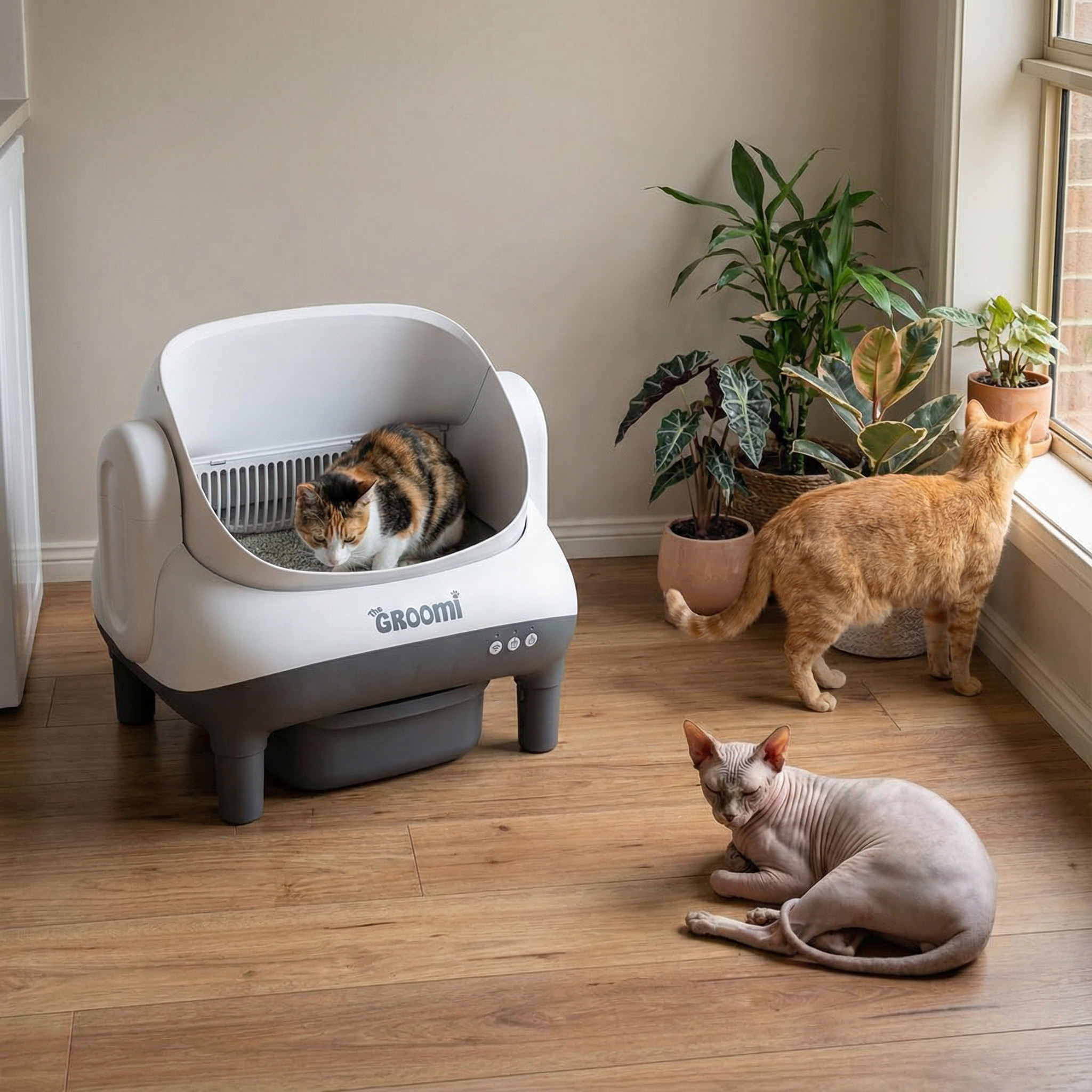 Three cats in a room with a large automatic litter box; one cat is inside it.