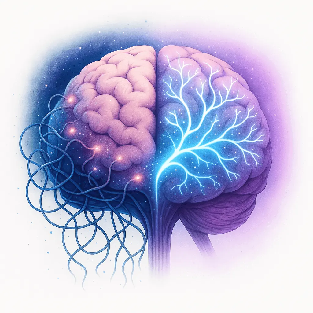 Illustration of a brain with neural connections and glowing blue branches.