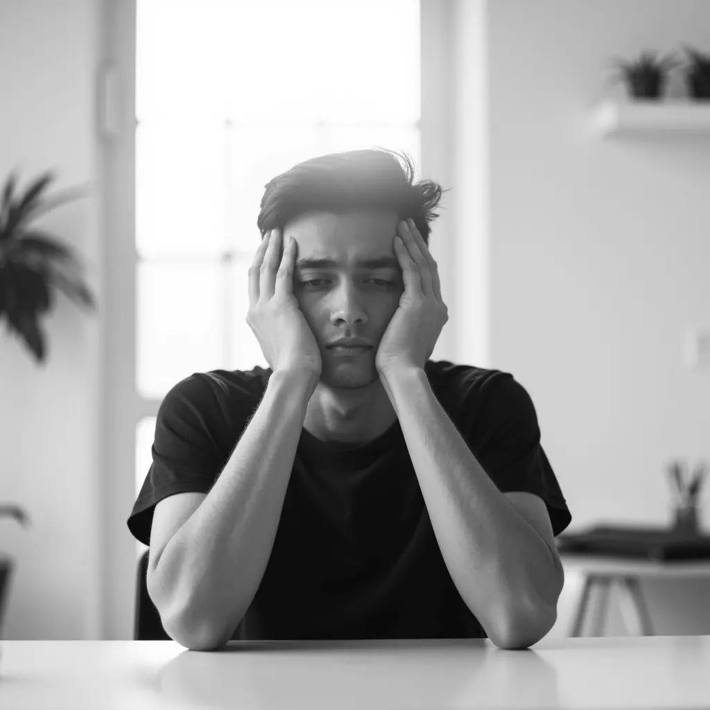 Person sitting at a table, holding their head in their hands, looking distressed.