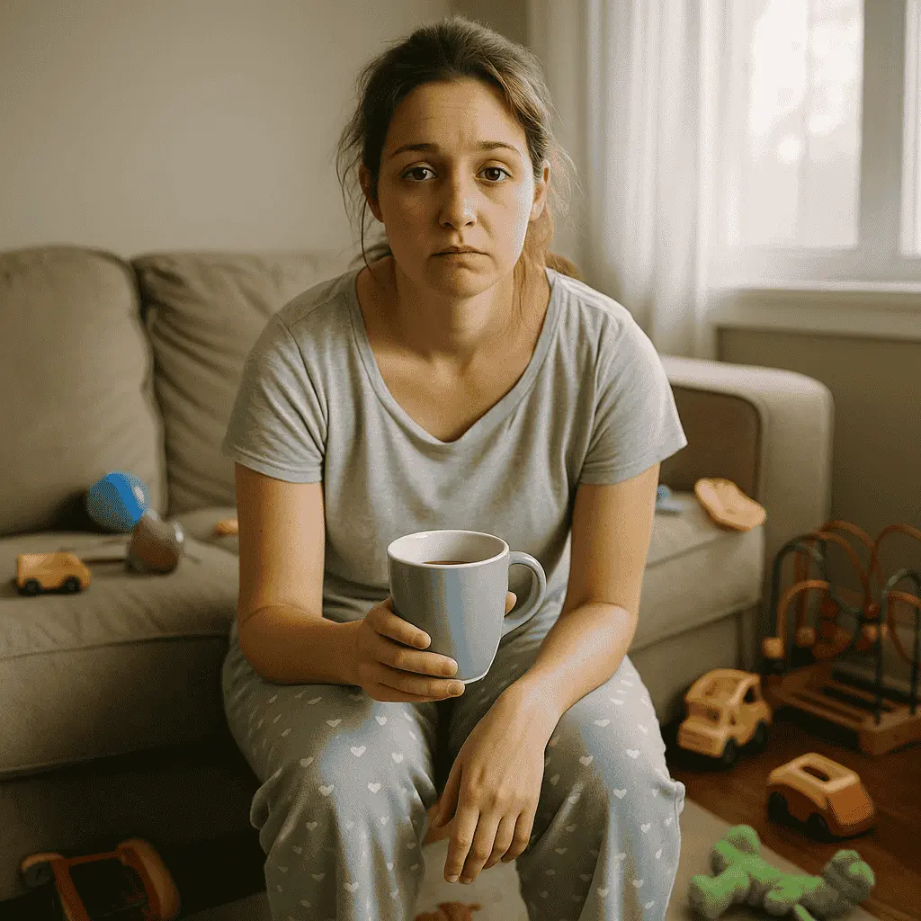 Woman in pajamas holding a mug, sitting on a couch with toys around.