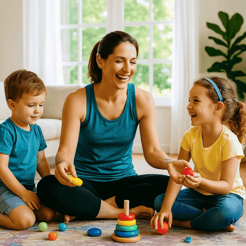Woman and two children playing with colorful stacking toys indoors.