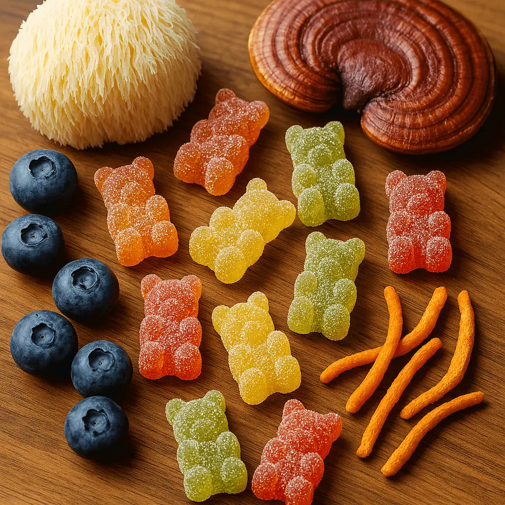 Colorful gummy bears, blueberries, mushrooms, and orange sticks on a wooden surface.