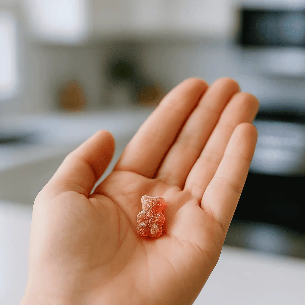 Hand holding a small red gummy bear candy.