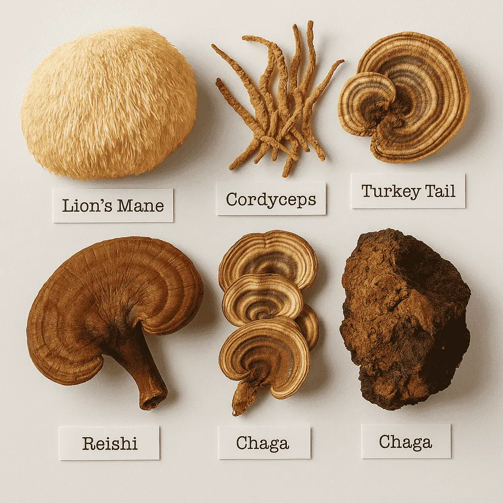 Six different types of mushrooms labeled: Lion's Mane, Cordyceps, Turkey Tail, Reishi, Chaga.