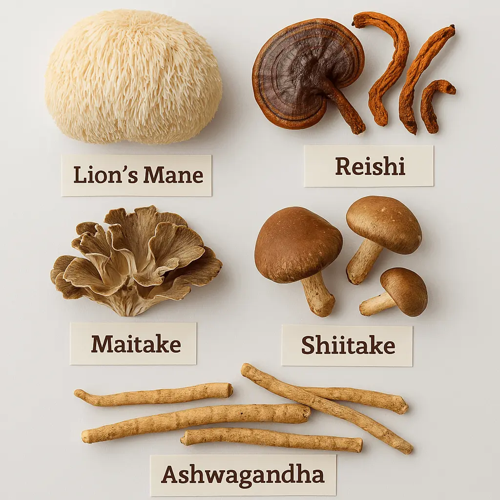 Various mushrooms and ashwagandha roots labeled: Lion's Mane, Reishi, Maitake, Shiitake, Ashwagandha.