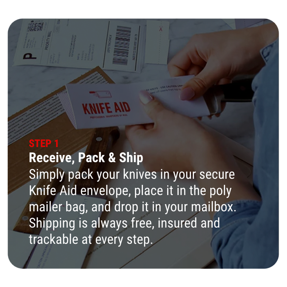 Person packing a knife in a Knife Aid envelope with shipping instructions.