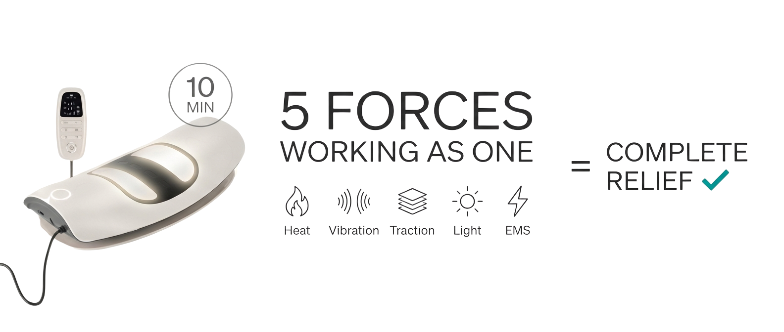 An engineered cervical support system with text and icons explaining its five features for complete neck relief.