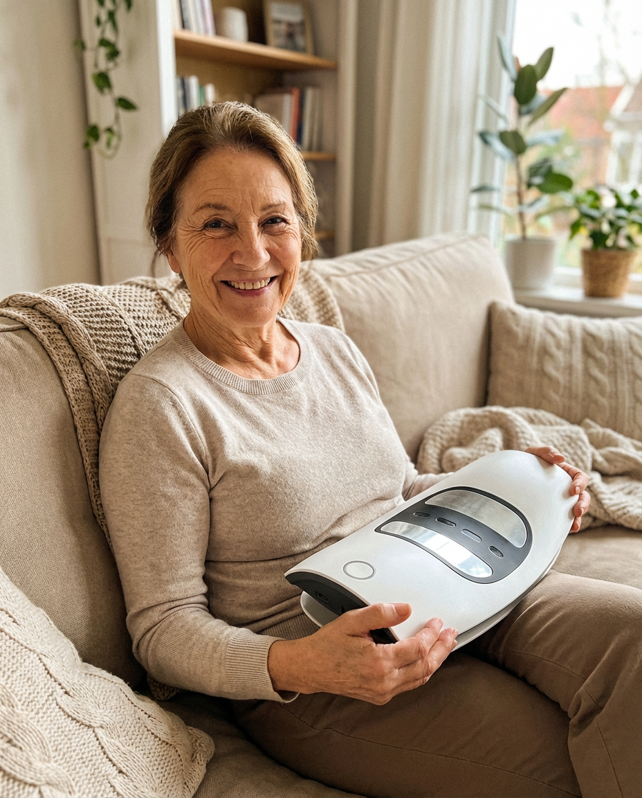 Woman sitting on a couch, holding a massage device, and smiling.