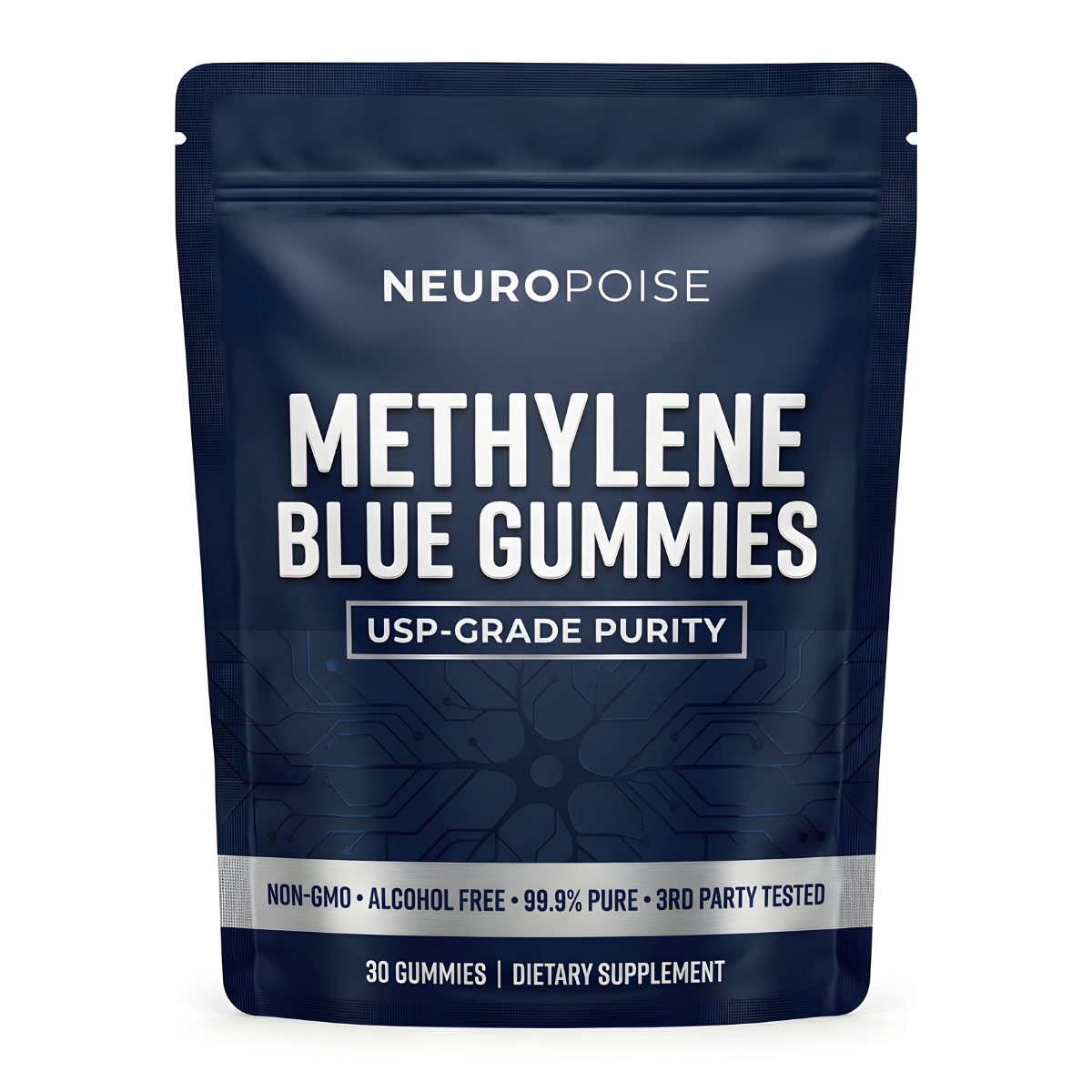 A dark blue pouch of Neuropoise Methylene Blue Gummies dietary supplement on a white background.