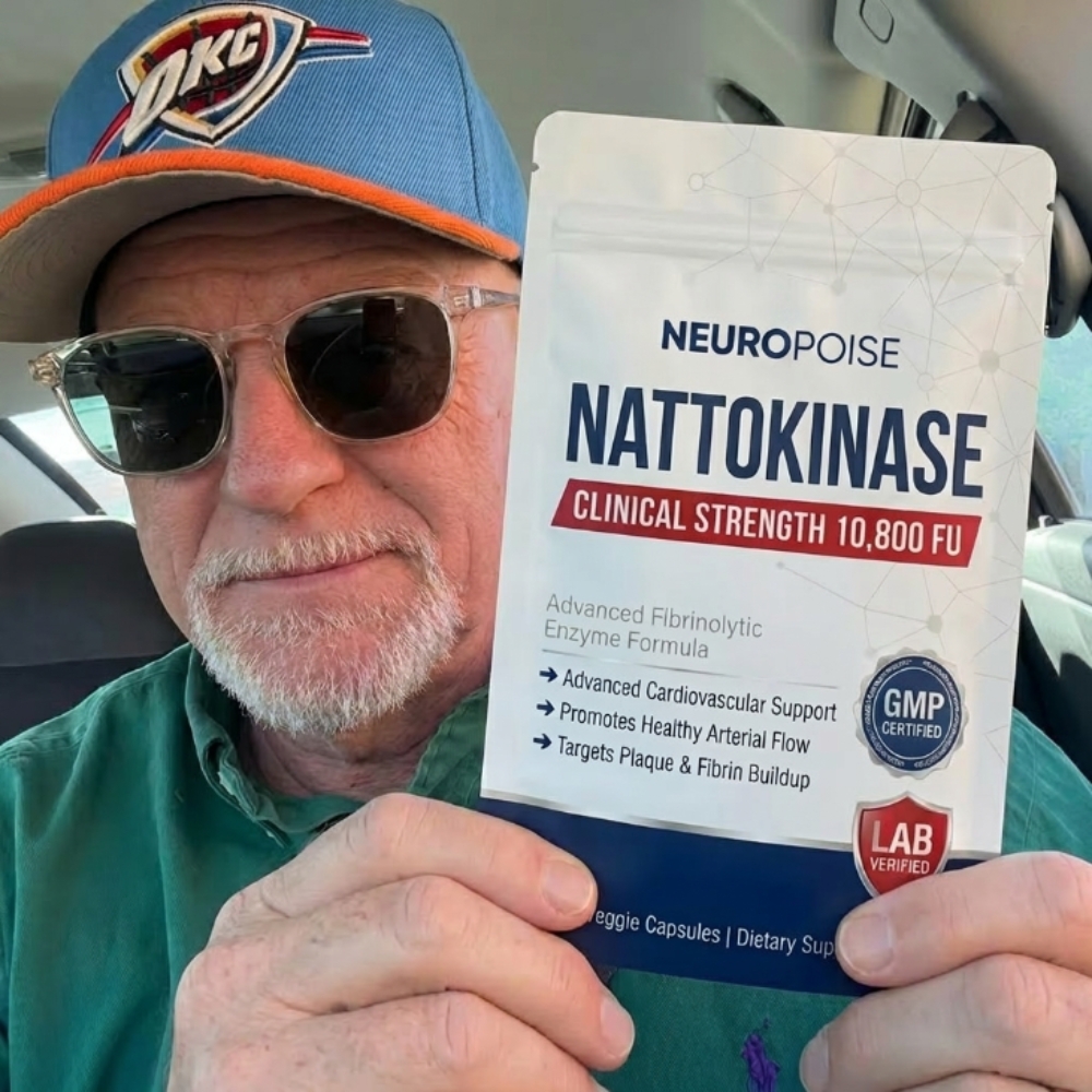 A man in a cap and sunglasses holds a pouch of Neuropoise Nattokinase supplement.
