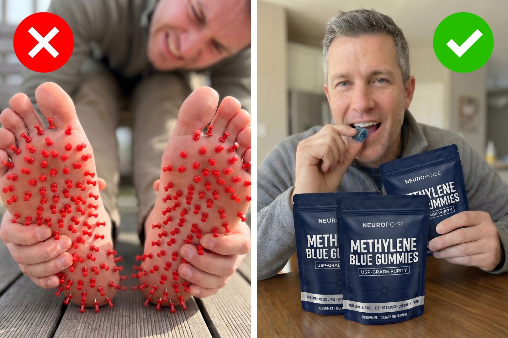 A split image showing feet with red pushpins on the left and a man eating blue gummies on the right.