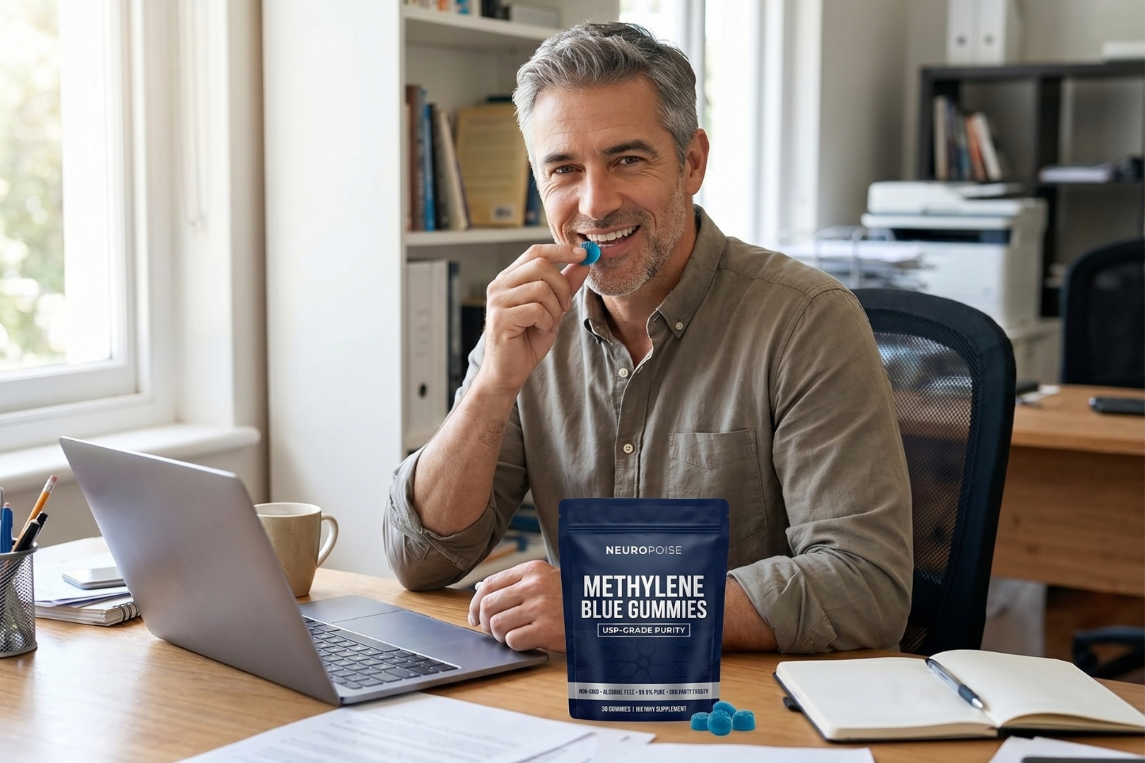 A smiling man sits at a desk with a laptop, holding a blue gummy from a product pouch.