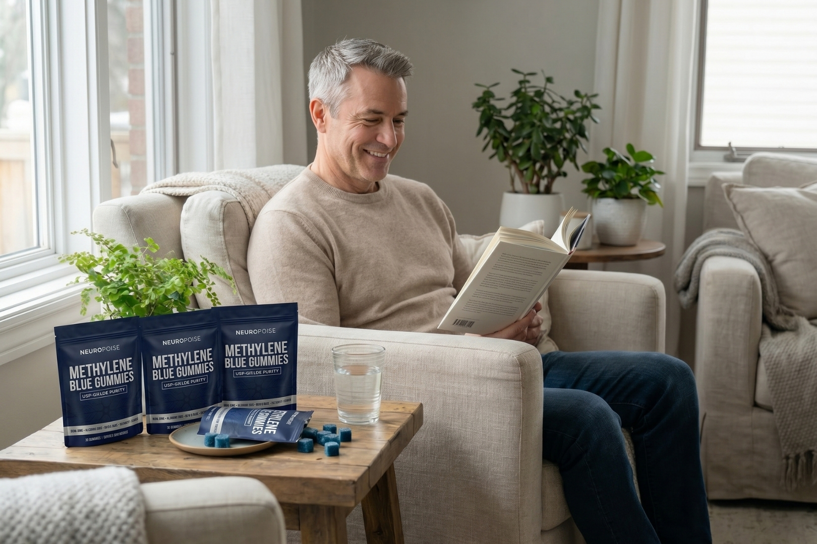 A smiling man reads a book in an armchair next to a table with packages of methylene blue gummies.
