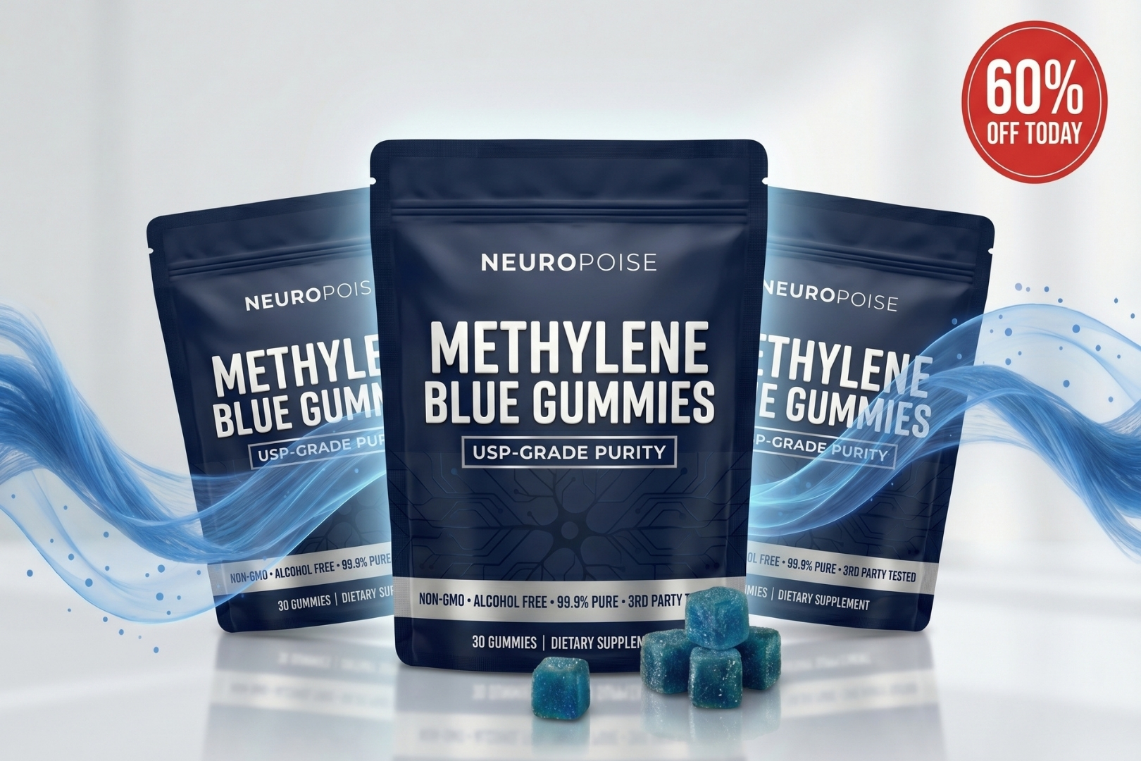 Three pouches of NeuroPoise Methylene Blue Gummies with several blue cube-shaped gummies in front of them.