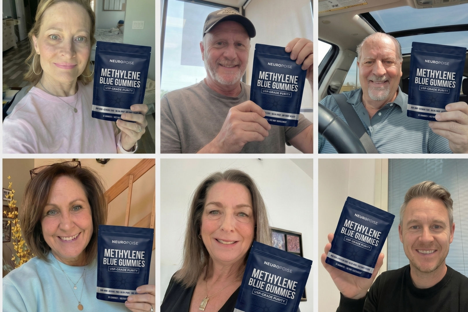 A collage of six different people smiling while holding a pouch of Methylene Blue Gummies.