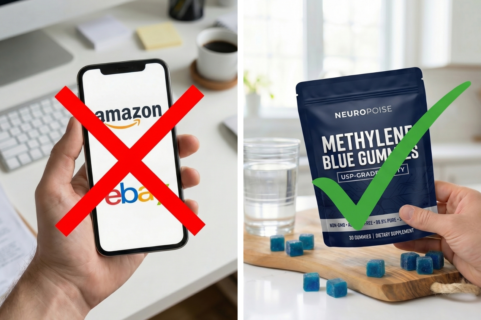 A split image shows Amazon and eBay crossed out, and a pouch of Methylene Blue Gummies approved.