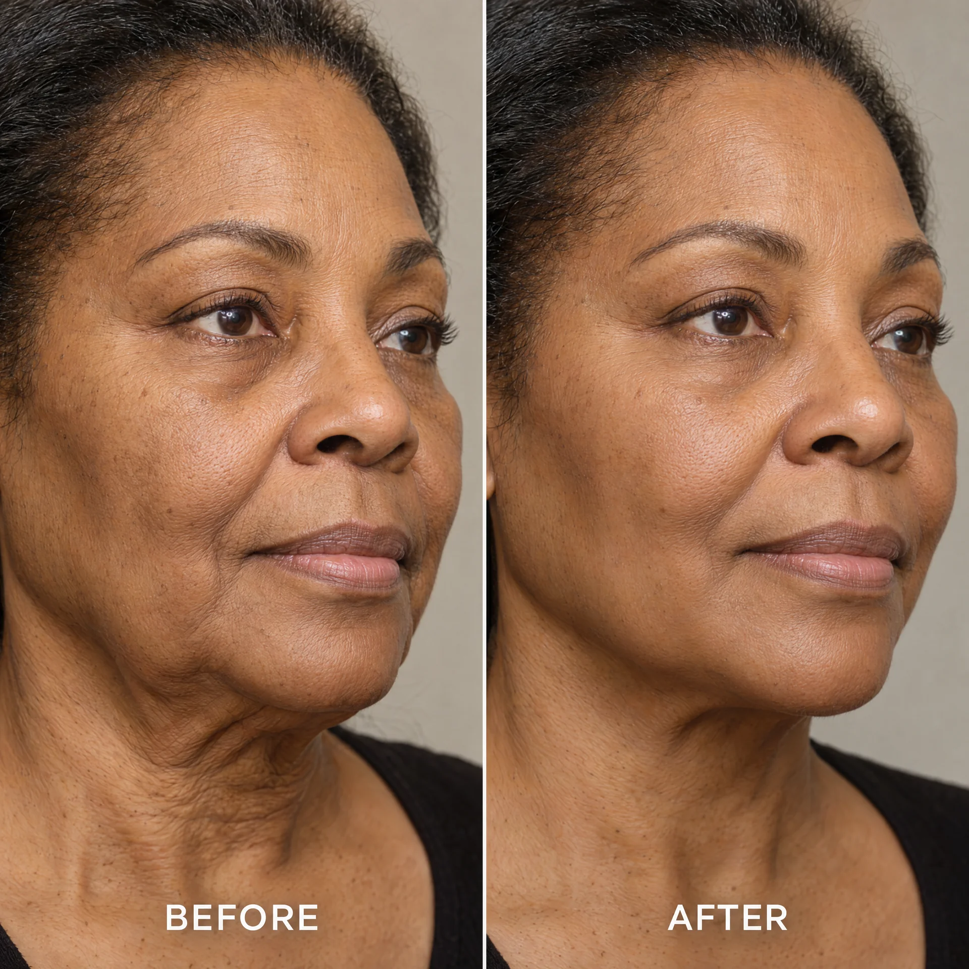 Before and after photos showing a reduction of wrinkles on a woman's face and neck.