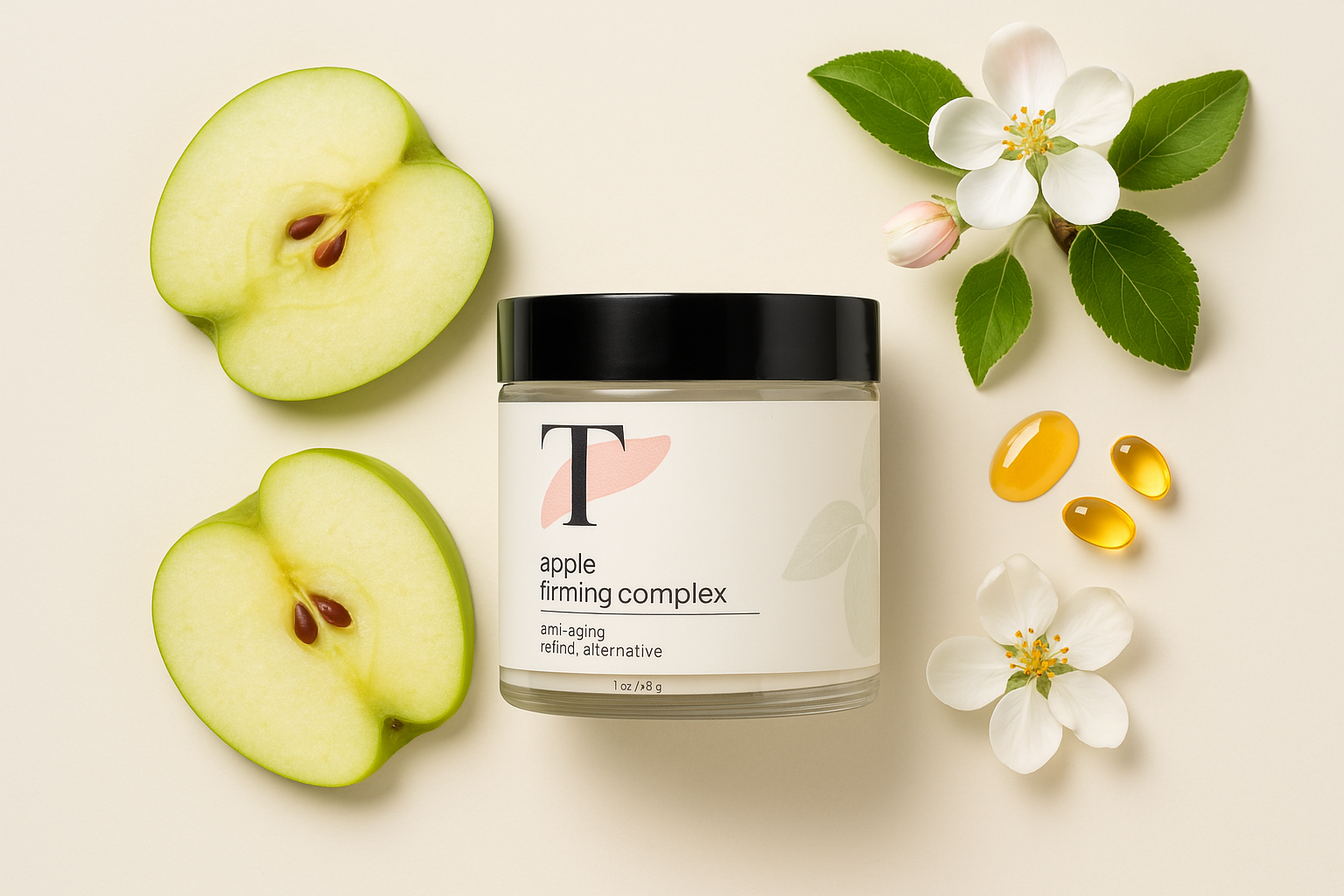 Jar of apple firming complex with apple slices and flowers.