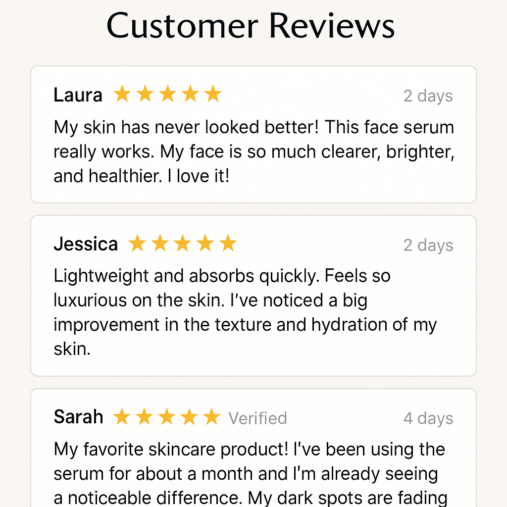 Image of customer reviews with five-star ratings for a skincare product.