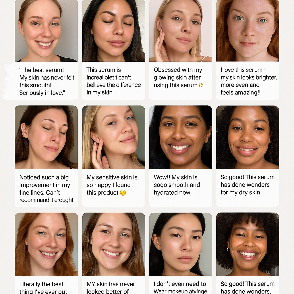 Grid of diverse women with positive skincare testimonials.