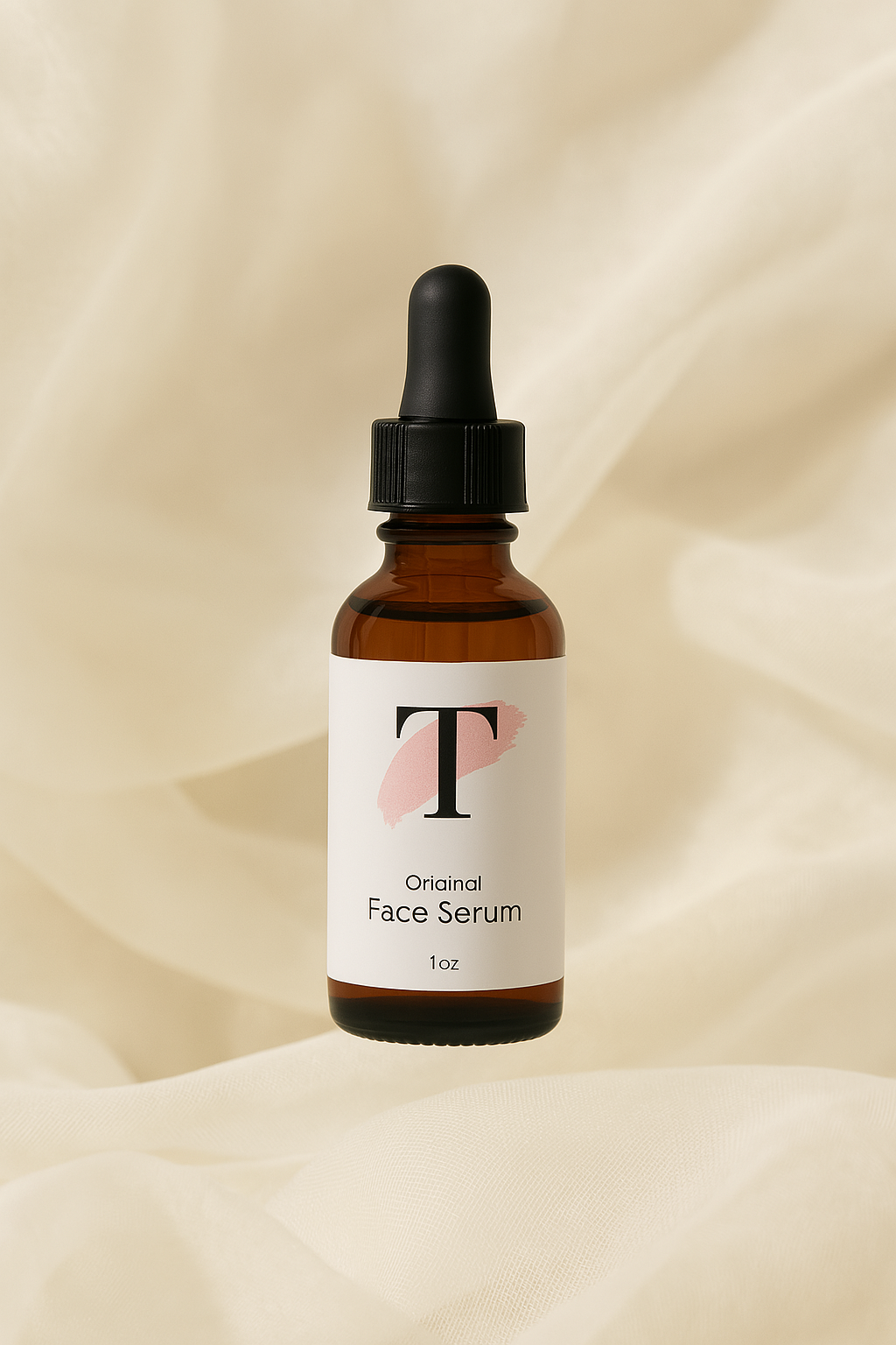 Brown dropper bottle labeled 'Original Face Serum' on a soft beige fabric background.