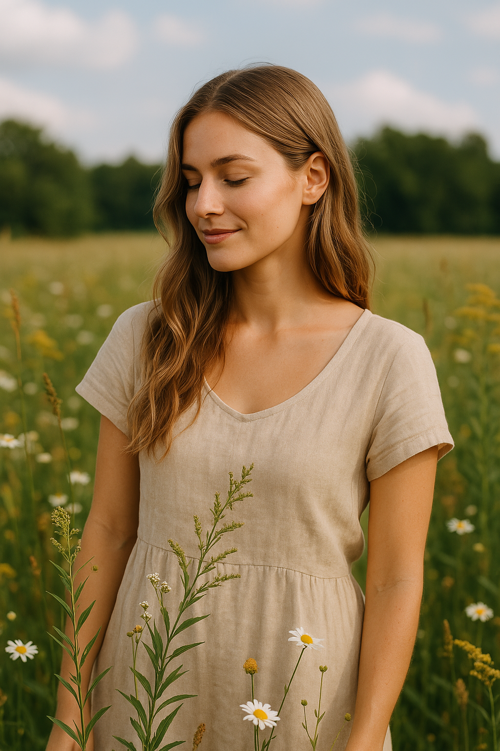 Woman in a beige dress standing in a field of wildflowers.