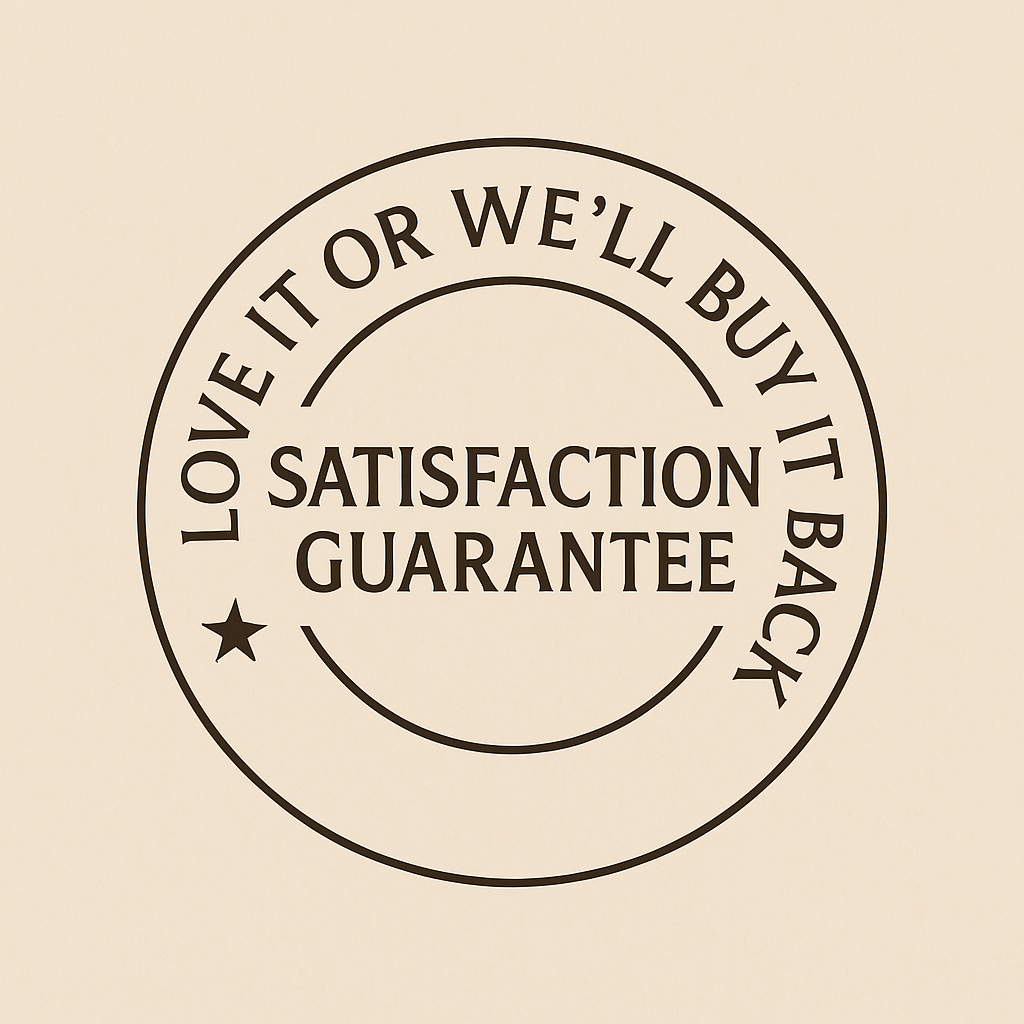 Circular stamp with 'Satisfaction Guarantee' and 'Love it or we'll buy it back' text.