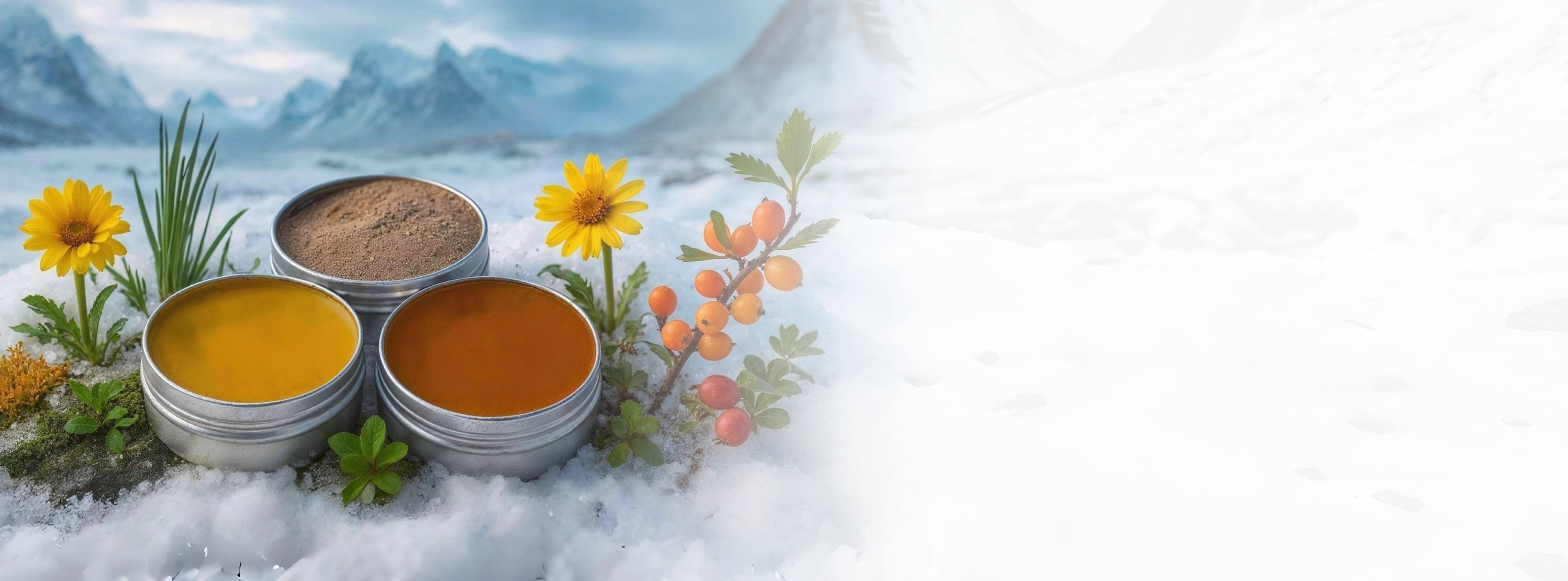 Three tins with natural products, flowers, and berries on snowy ground.