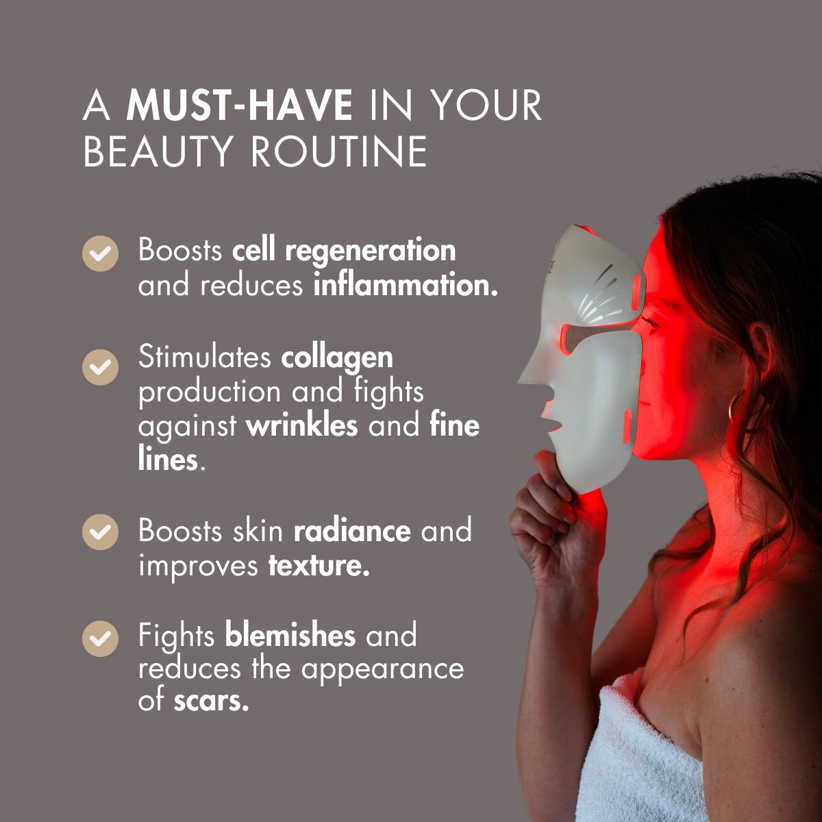 Woman using a red light therapy mask with beauty benefits listed.