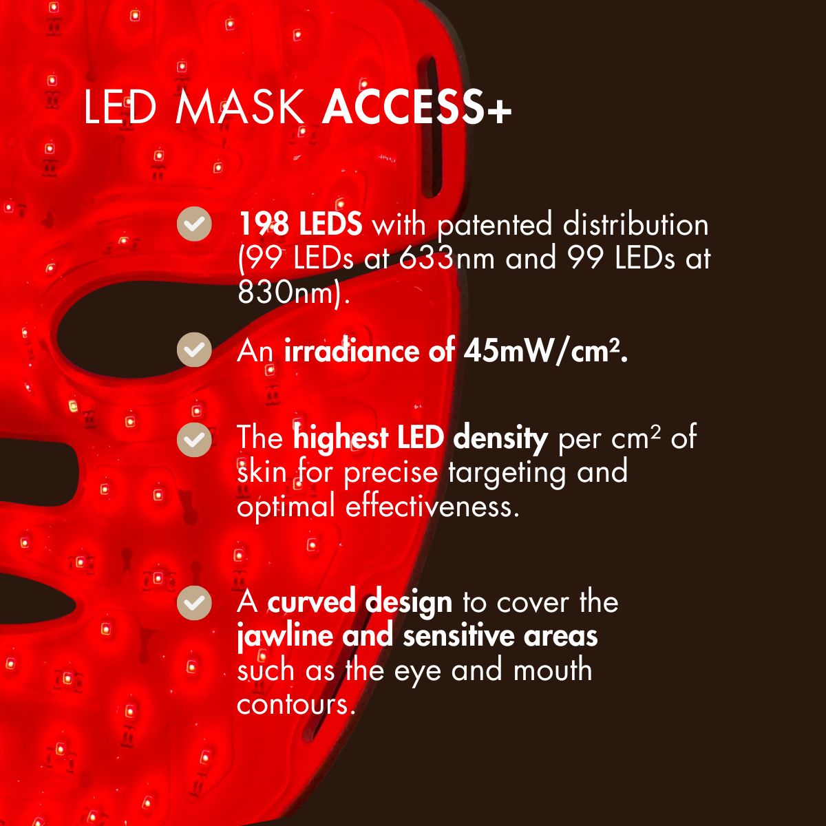 Red LED mask with specifications for optimal skin treatment and curved design for sensitive areas.
