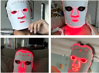 People wearing LED light therapy masks at home.