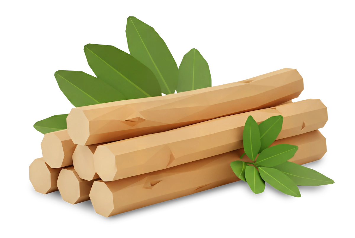 Illustration of wooden logs with green leaves.