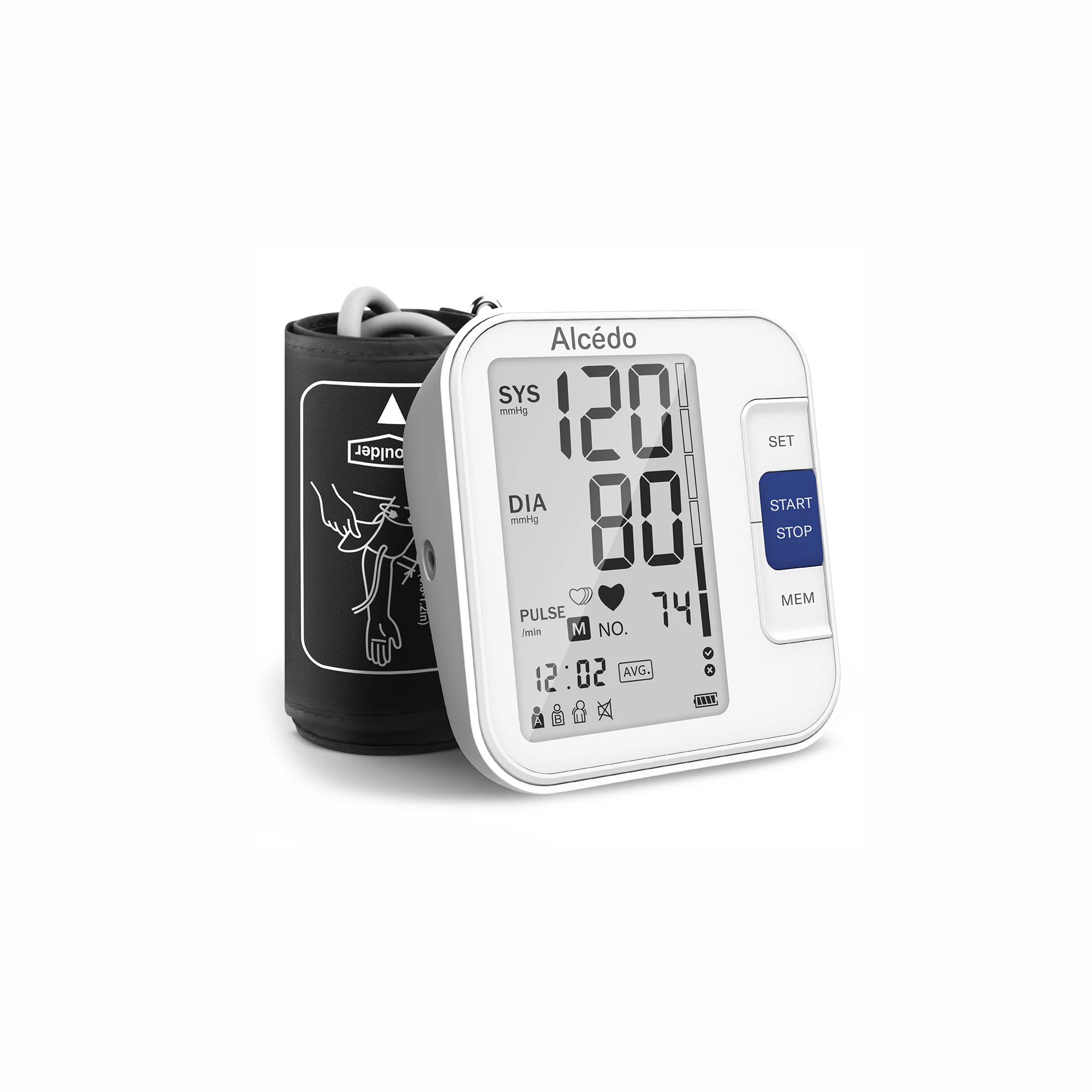 Digital blood pressure monitor with cuff and display showing readings.
