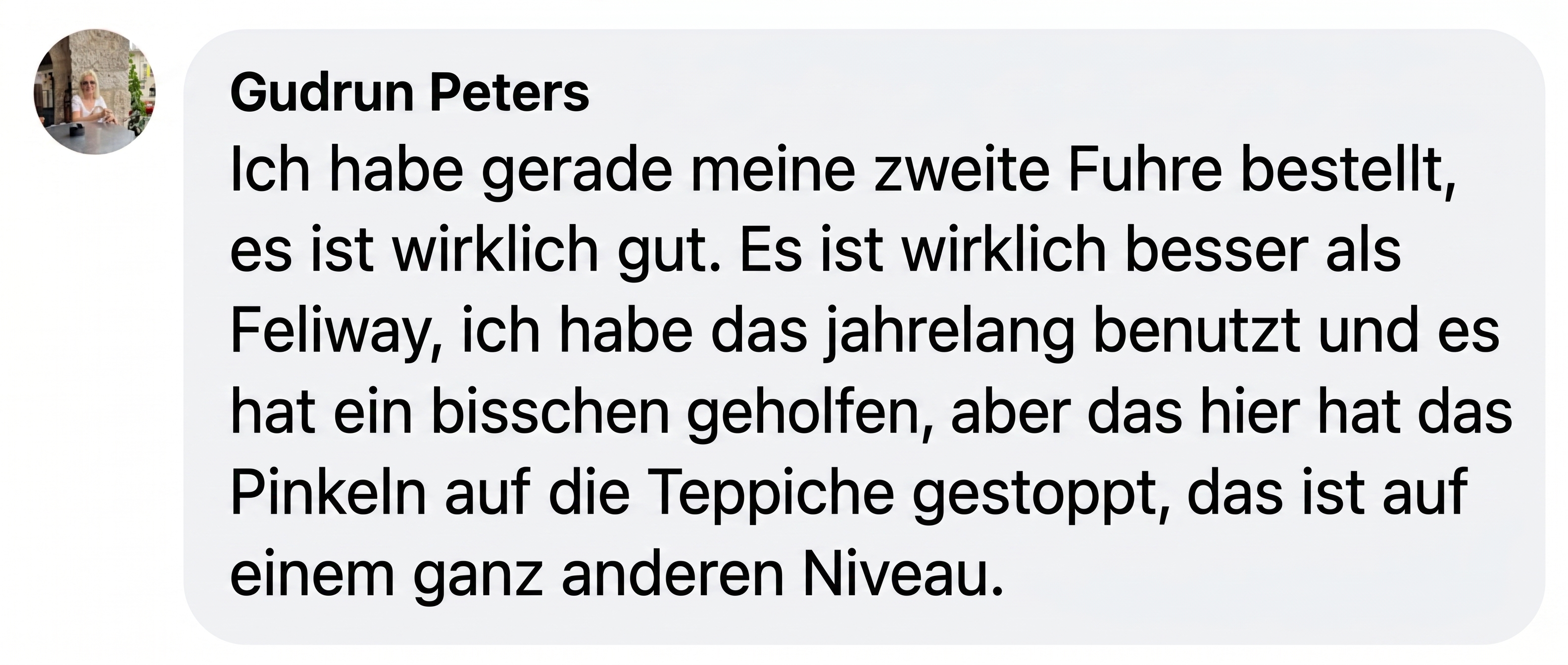 A screenshot of a customer review in German from Gudrun Peters with her profile picture.
