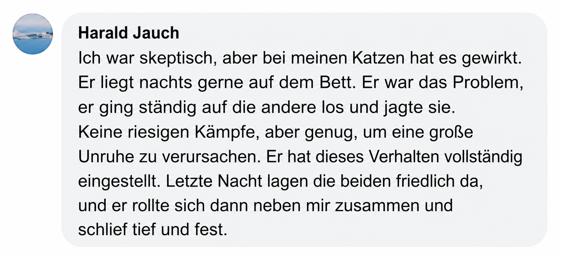 A screenshot of a testimonial in German from a user named Harald Jauch about his cats.