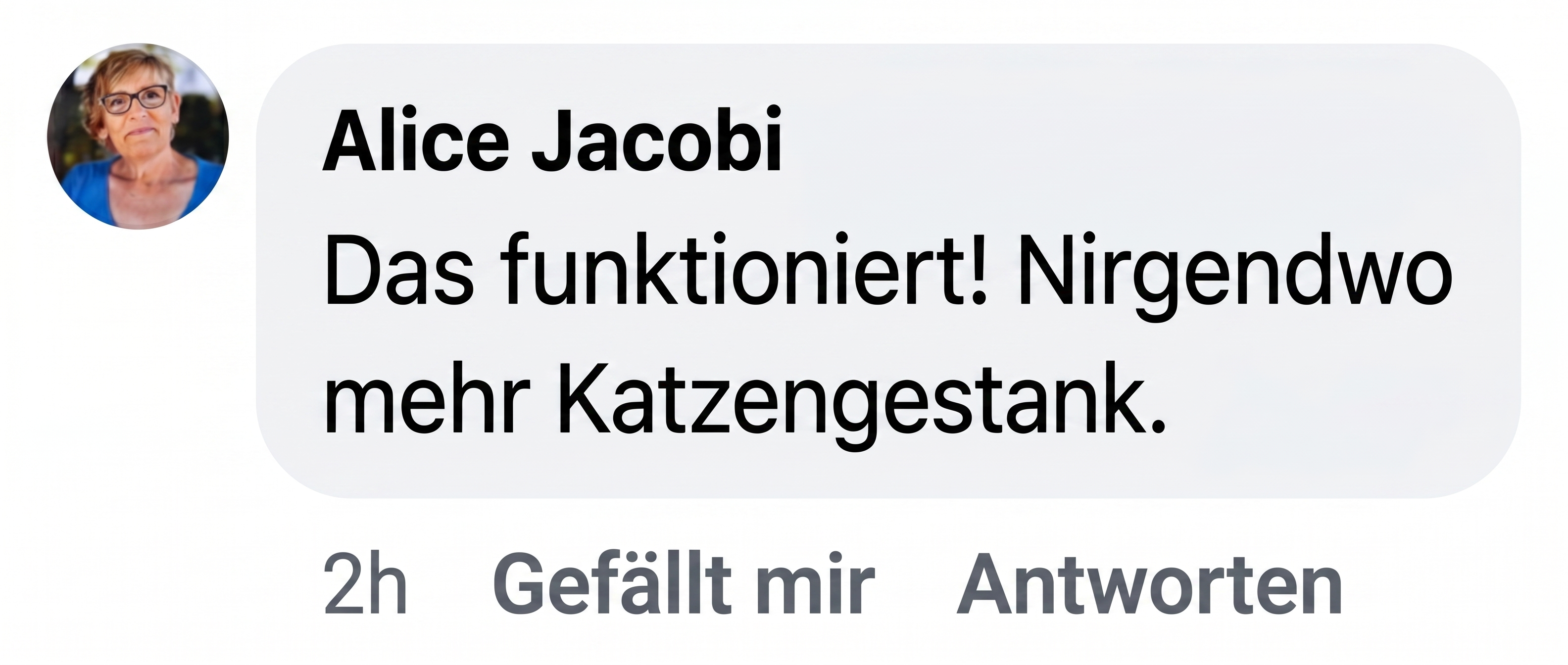 A screenshot of a comment in German by Alice Jacobi that reads, 'Das funktioniert! Nirgendwo mehr Katzengestank.'