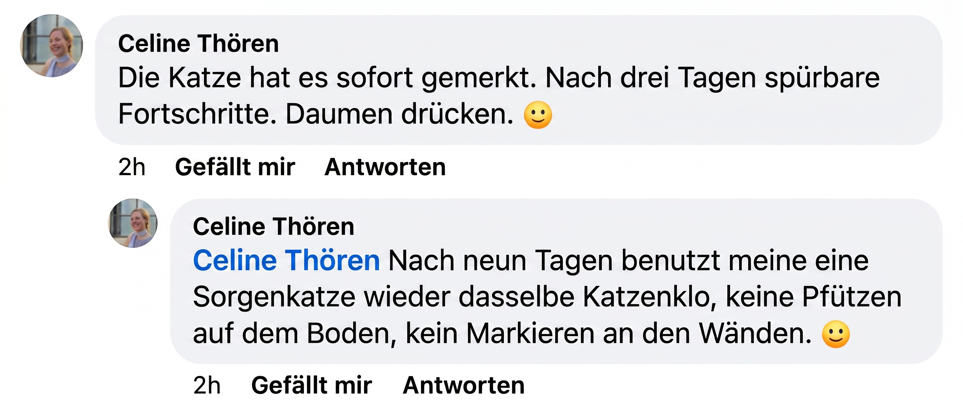 Screenshot of two social media comments in German from a user named Celine Thören about her cat.