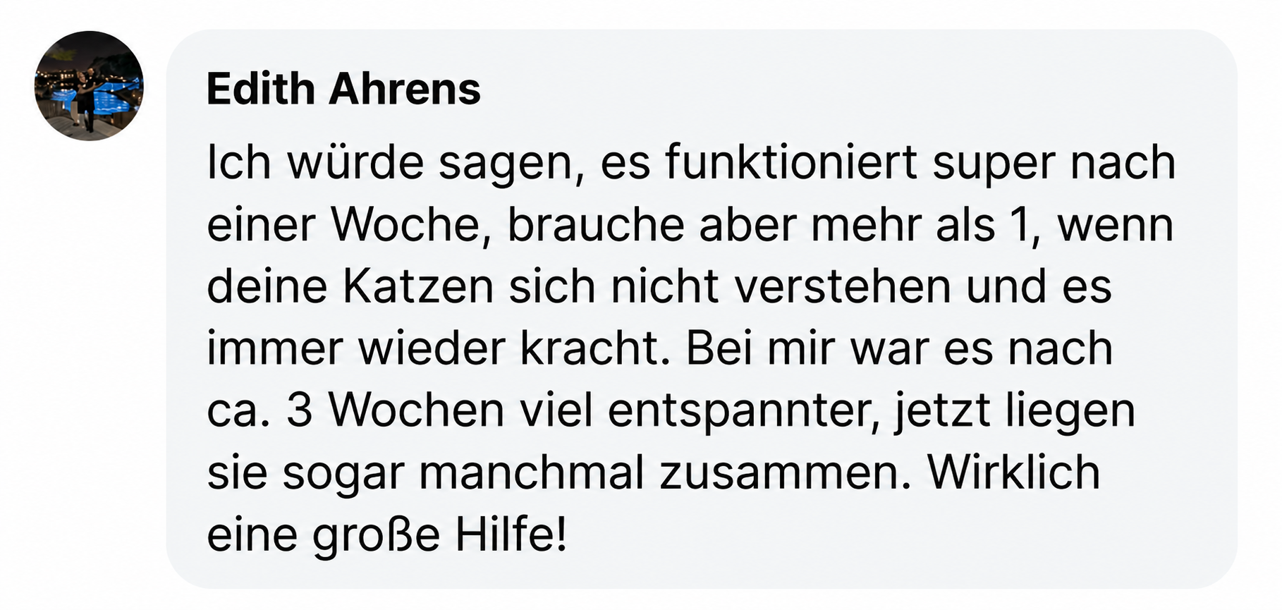 A customer review from Edith Ahrens, written in German, with a profile picture of a person outdoors at night.