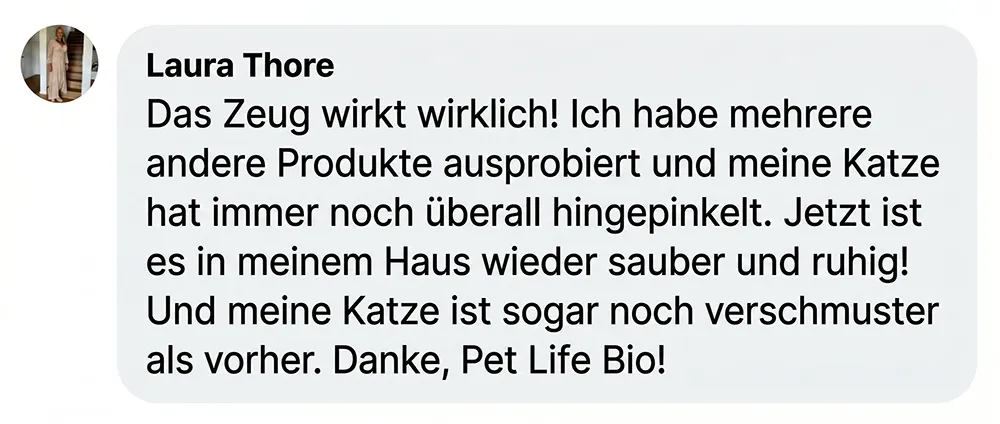 A customer review in German from Laura Thore, shown with her profile picture.
