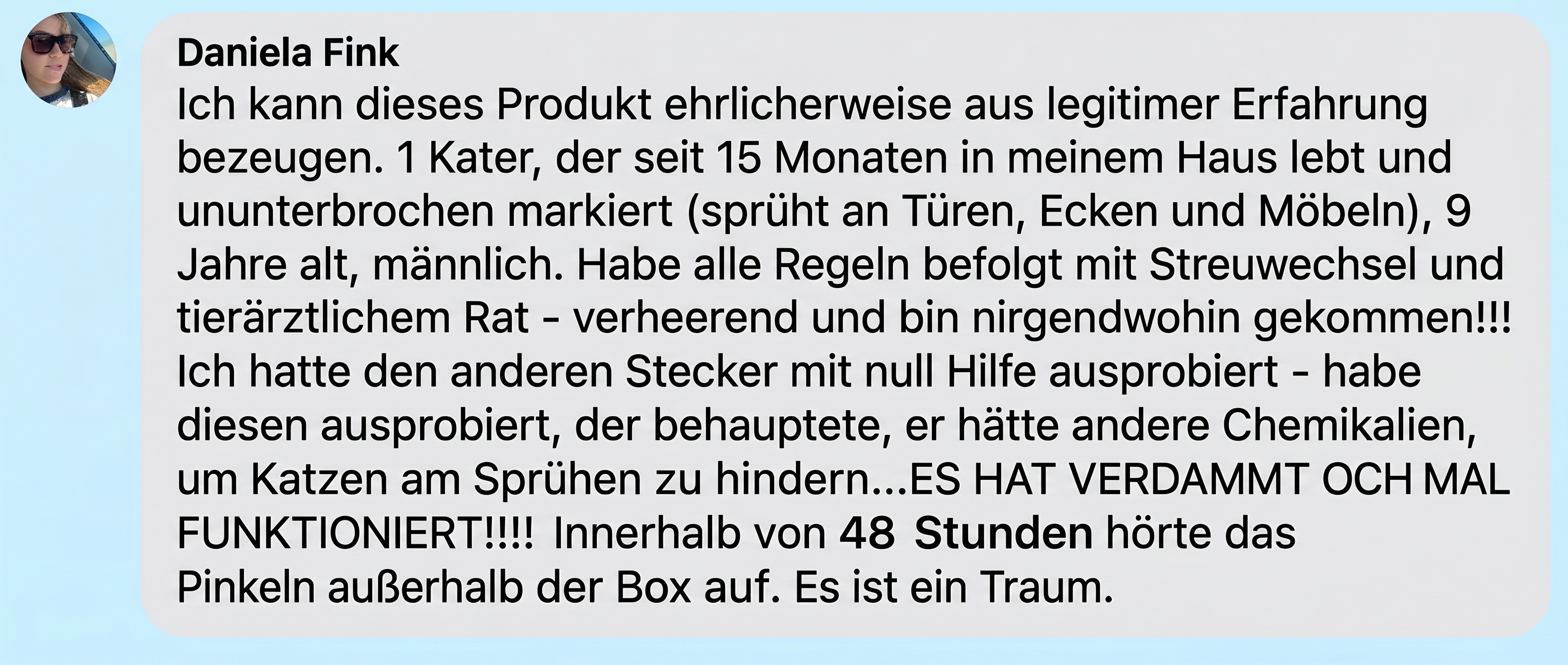 A screenshot of a customer review in German from Daniela Fink, with her profile picture.
