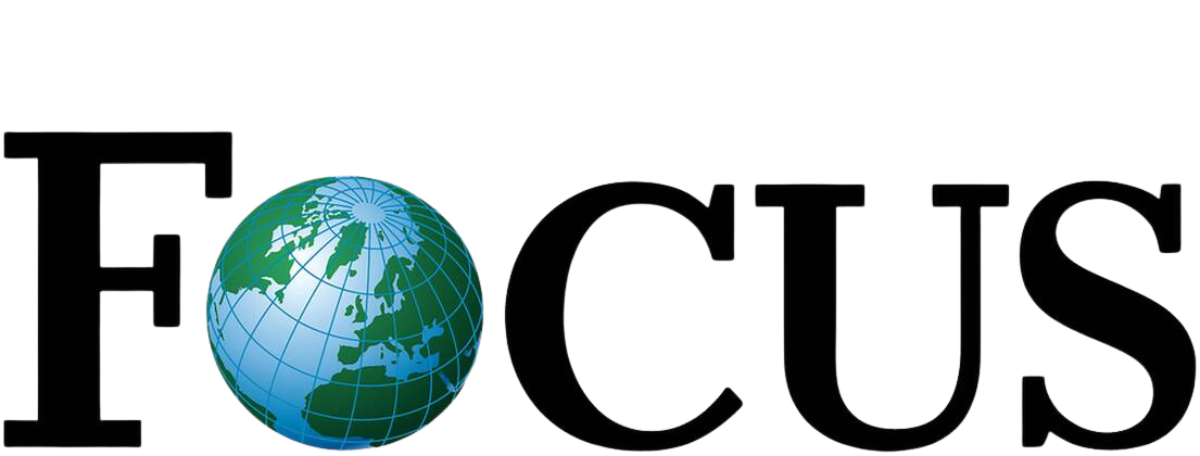 The word FOCUS in black, with a blue and green globe for the letter O.